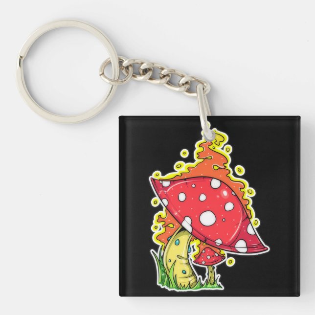 Flaming Psychedelic Mushroom Illustration Art Keychain (Front)