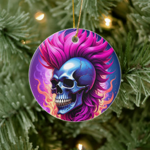 Flaming Punk Skull Ornament