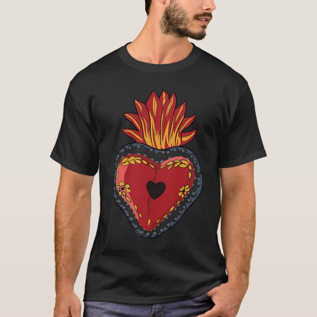 Flaming Sacred Heart Mexican Folk Corazon T-Shirt (Front)