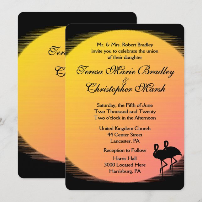 Flaming Setting Sun Evening Wedding Invitation (Front/Back)