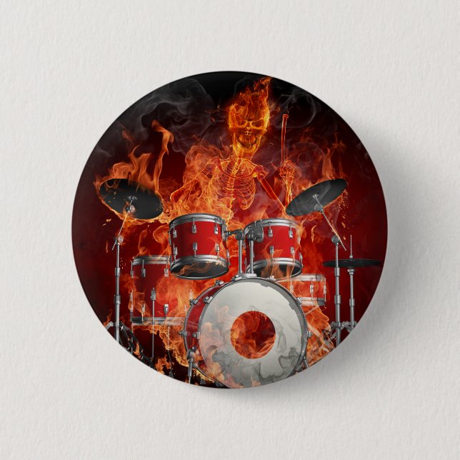 Flaming Skeleton on Drums Button (Front)