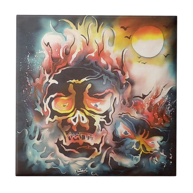 flaming skull abstract art tile (Front)