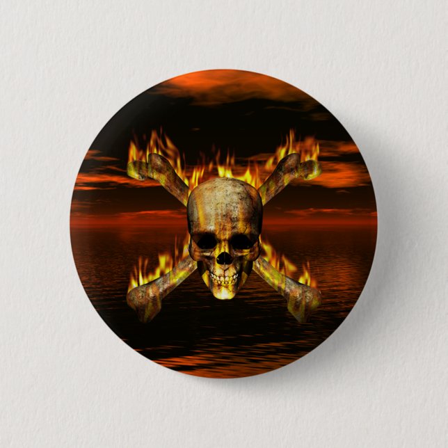 Flaming Skull and Crossbones w/Red Sky Background 2 Inch Round Button (Front)