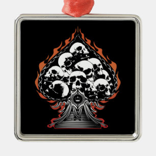 Flaming Skull and Hearts Metal Ornament