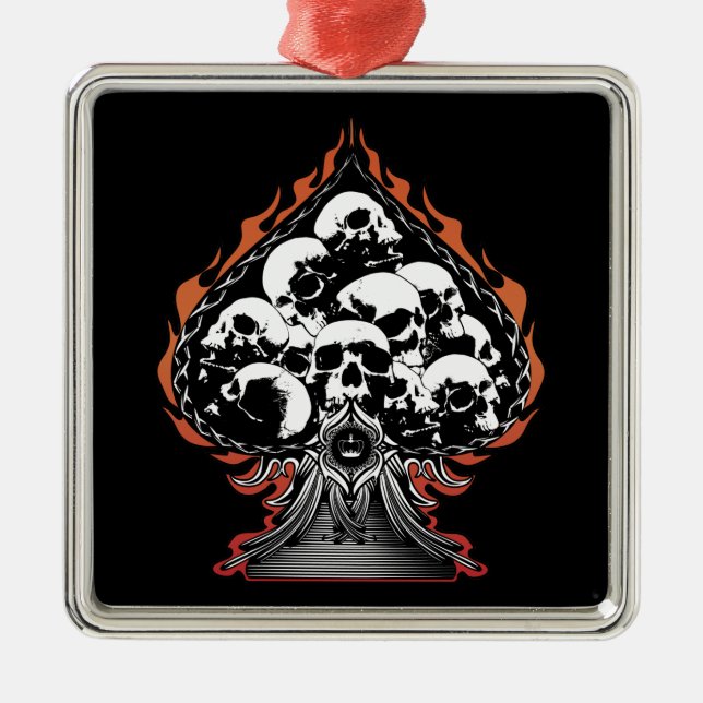 Flaming Skull and Hearts Metal Ornament (Front)