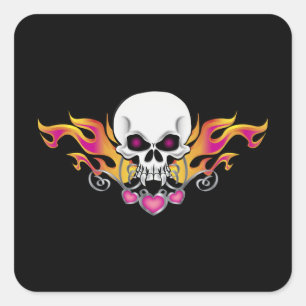 Flaming Skull and Hearts Square Sticker
