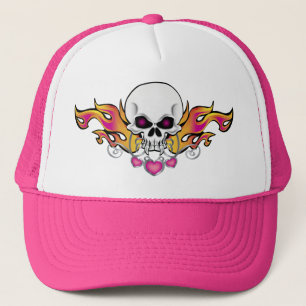 Flaming Skull and Hearts Trucker Hat