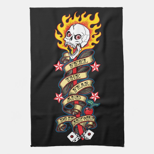 Flaming Skull Feel the Fear Kitchen Towel (Vertical)