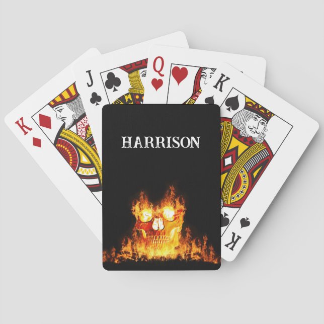 Flaming Skull Flames Fire Circle Monogram Playing Cards (Back)