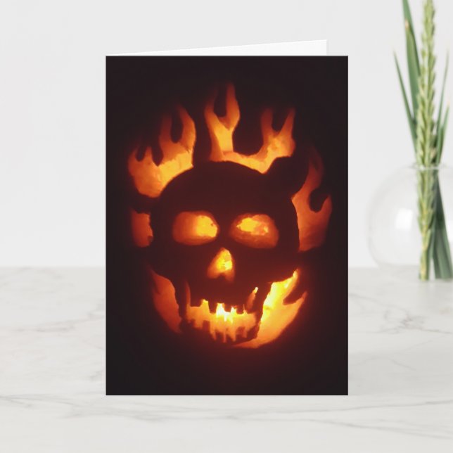 “Flaming Skull Jack-O'-Lantern" Hallowe’en Card (Front)