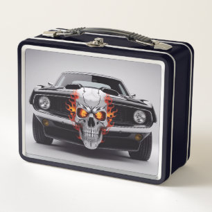 Flaming Skull Muscle Car Metal Lunch Box