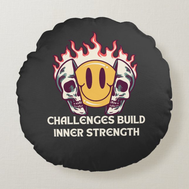 Flaming Smiley Face with Skulls – Motivational Inn Round Pillow (Front)