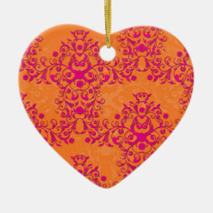 Flaming Tangerine Tango Orange and Pink Damask Ceramic Ornament