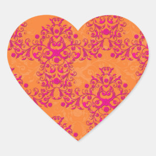 Flaming Tangerine Tango Orange and Pink Damask Heart Sticker