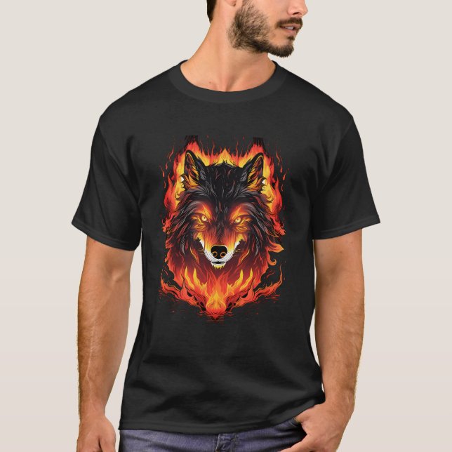 Flaming Wolf Head Wolf Face Wolves Flames Wildlife T-Shirt (Front)