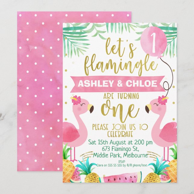 Flamingle 1er anniversaire Invitation pour jumeaux (Devant / Derrière)