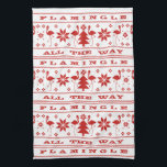 Flamingle all the Way Christmas Sweater Red Kitchen Towel<br><div class="desc">Red Christmas sweater inspired pattern with illustrations of flamingos,  Christmas trees,  and snowflakes.  Text says,  "Flamingle all the way."</div>