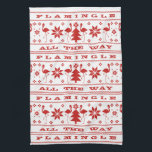 Flamingle all the Way Christmas Sweater Red Kitchen Towel<br><div class="desc">Red Christmas sweater inspired pattern with illustrations of flamingos,  Christmas trees,  and snowflakes.  Text says,  "Flamingle all the way."</div>