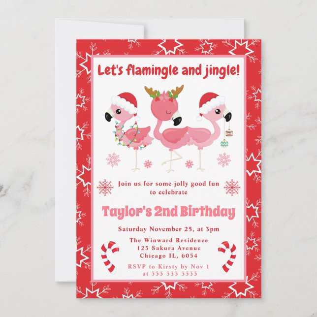 Flamingle and Jingle Flamingo Christmas Birthday Invitation (Front)