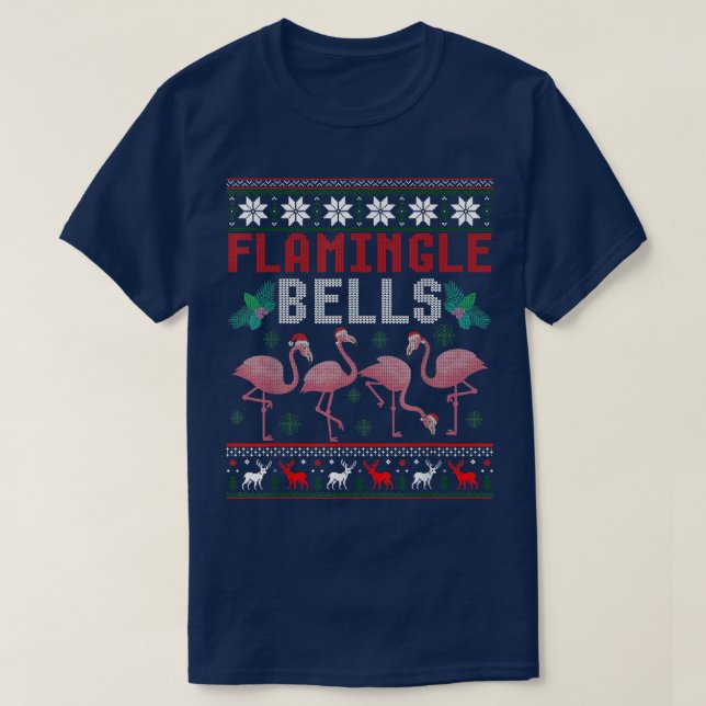 Flamingle Bells Pink Flamingo Christmas Funny Ugly T-Shirt (Design Front)