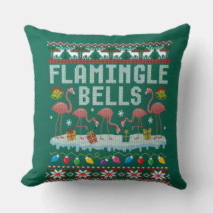Flamingle Bells Pink Flamingo Christmas Ugly Xmas Throw Pillow