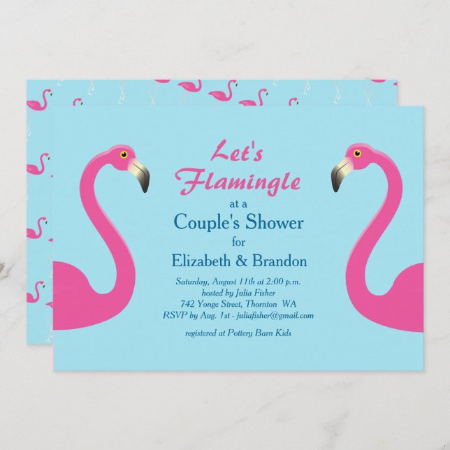 Flamingle Couple's Douche Invitation bleu clair (Devant / Derrière)