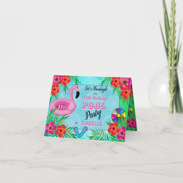 Flamingle Pink Floral 12th Birthday Pool Party Invitation (Front)