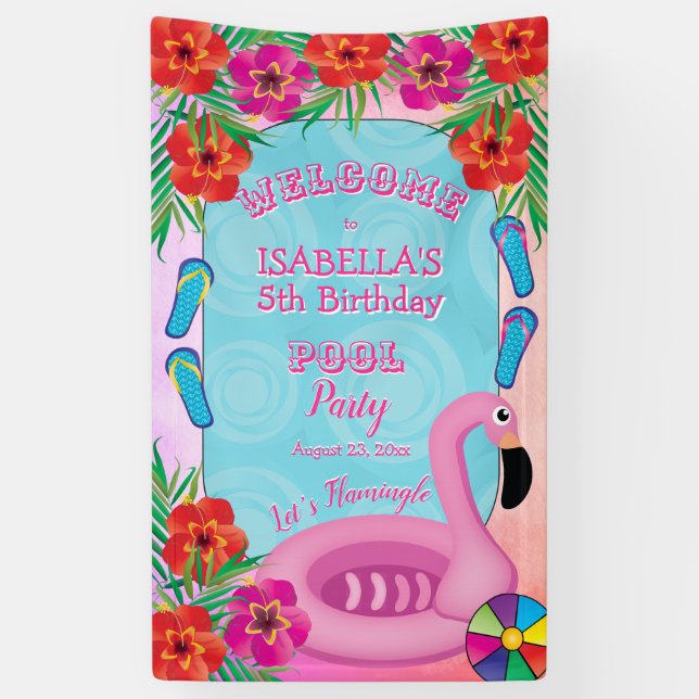 Flamingle Pink Floral 5th Birthday Pool Party Banner (Vertical)