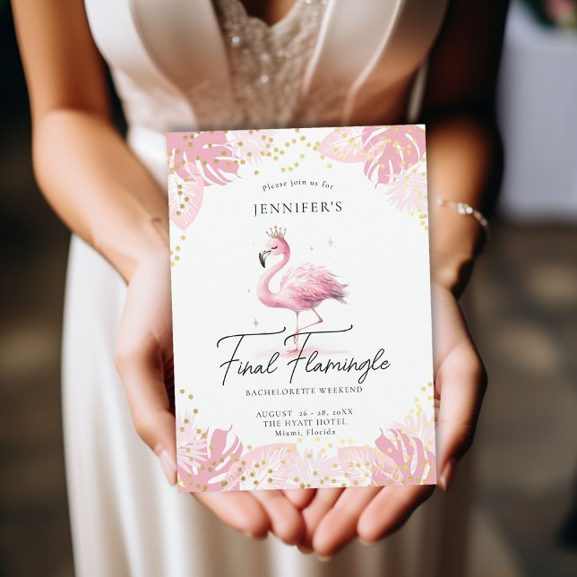 Flamingle Pink Tropical Fun Bachelorette Itinerary Invitation (final flamingle bachelorette party invitation itinerary pink flamingo tropical leaf fun watercolor)