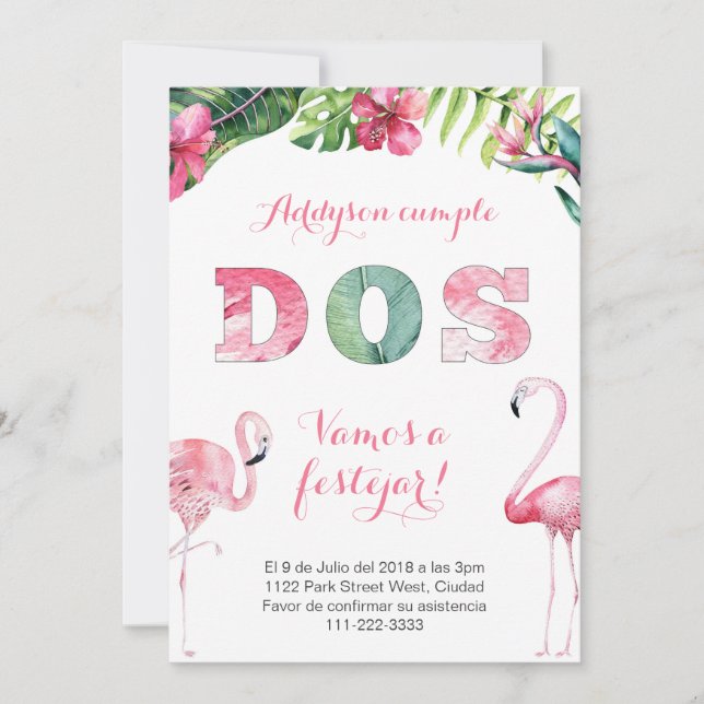 Flamingo 2nd birthday invites in Spanish for girl (Front)