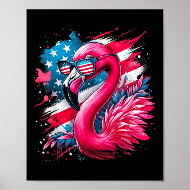 Flamingo 4th Of July American Flag Patriotic  Poster (Front)