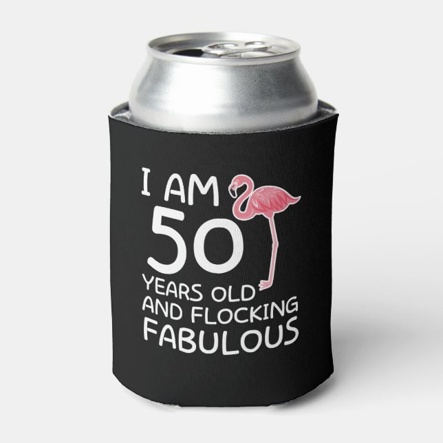 Flamingo 50th Birthday Flocking Fabulous Can Cooler (Can Front)
