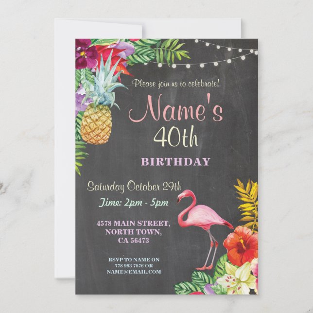 Flamingo Aloha 40th Birthday Party Invite Any Age (Front)