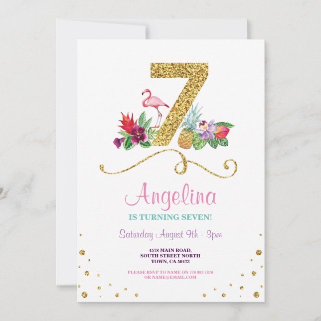 Flamingo Aloha 7th Seven Birthday Party Invite (Front)