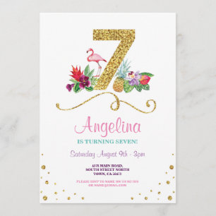 Flamingo Aloha 7th Seven Birthday Party Invite