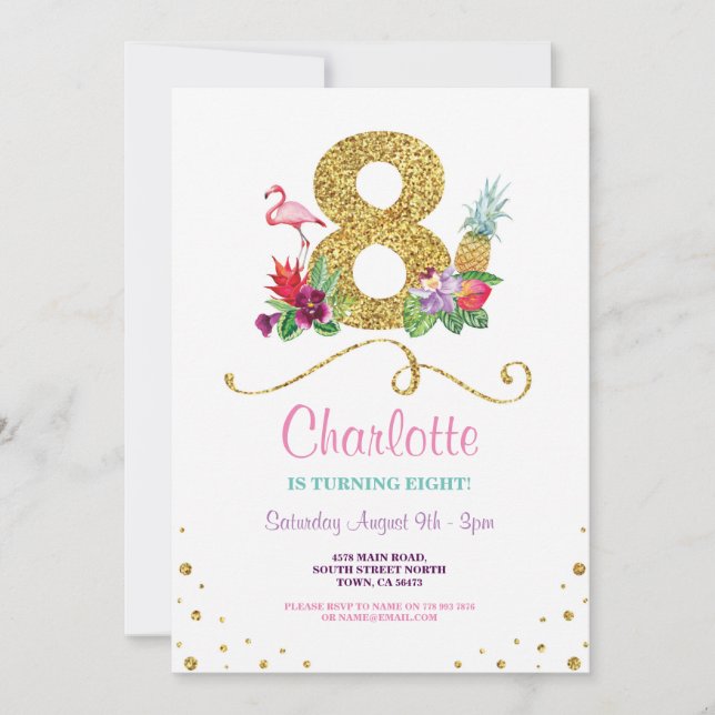 Flamingo Aloha 8th Eight 8 Birthday Party Invite (Front)