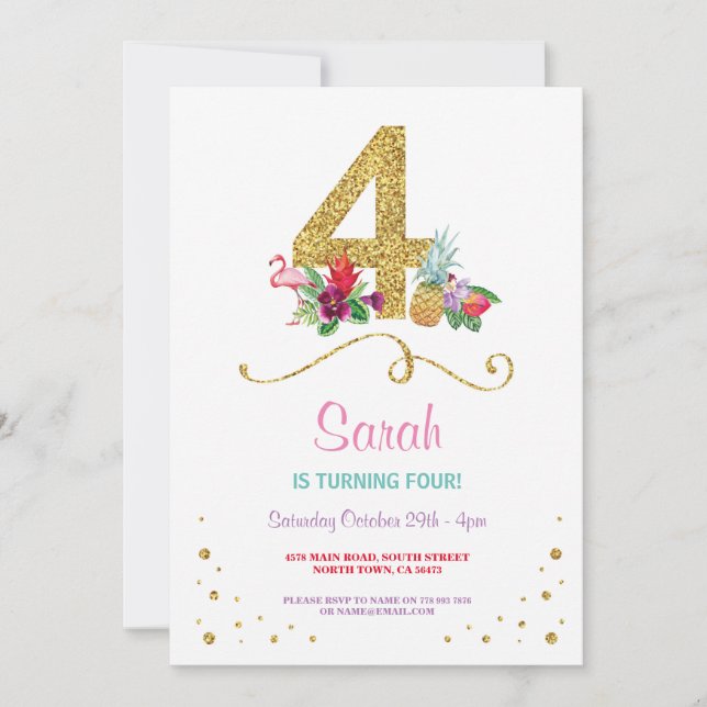 Flamingo Aloha Fourth 4th 4 Birthday Party Invite (Front)