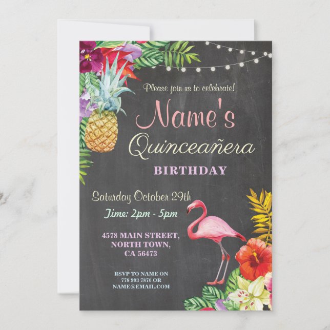 Flamingo Aloha Quinceanera Birthday Party Invite (Front)
