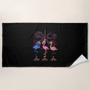 Flamingo American Flag For 4th July Beach Towel