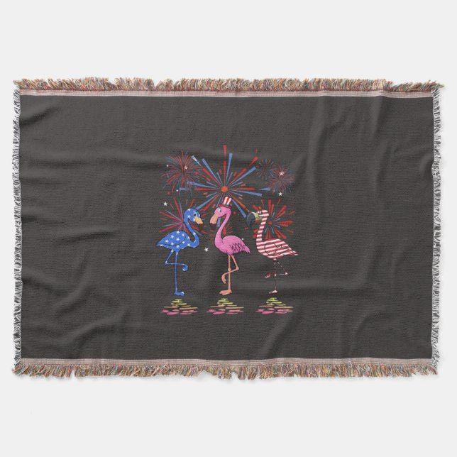 Flamingo American Flag For 4th July Throw Blanket (Front)