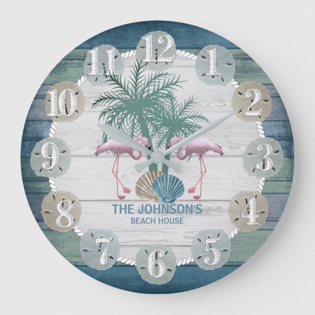 Flamingo and Beach Wood Nautical - Dark Blue Teal Large Clock (Front)