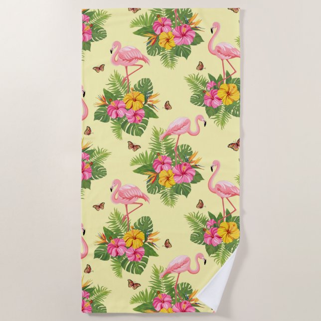 Flamingo and Butterflies 2 Beach Towel (Front)