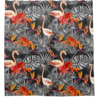 Flamingo and flowers, monochrome pattern.