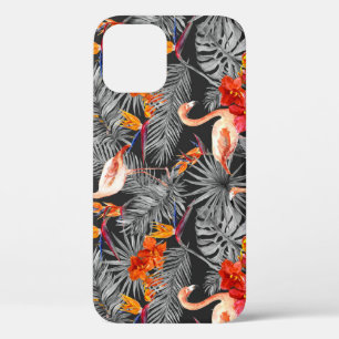Flamingo and flowers, monochrome pattern. iPhone 12 case