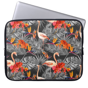 Flamingo and flowers, monochrome pattern. laptop sleeve