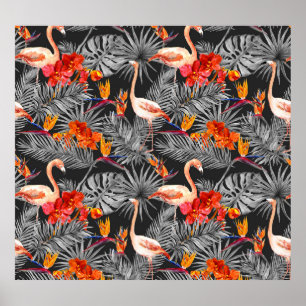 Flamingo and flowers, monochrome pattern. poster