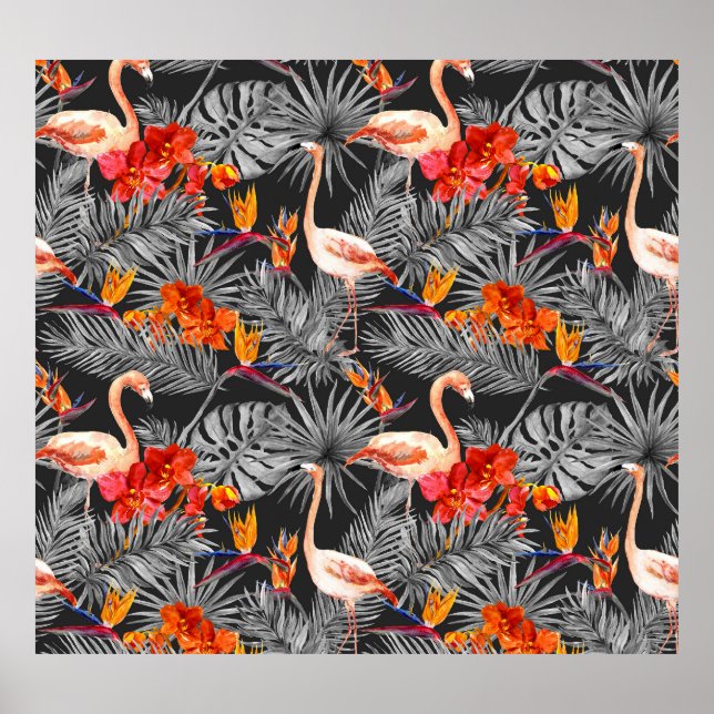 Flamingo and flowers, monochrome pattern. poster (Front)