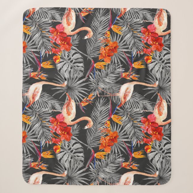 Flamingo and flowers, monochrome pattern. sherpa blanket (Front)