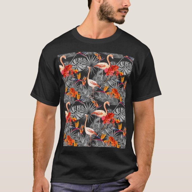 Flamingo and flowers, monochrome pattern. T-Shirt (Front)
