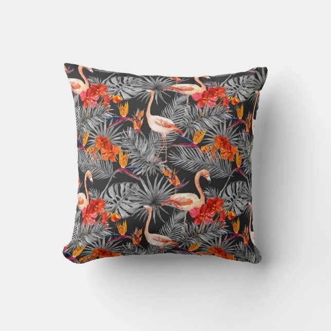 Flamingo and flowers, monochrome pattern. throw pillow (Front)